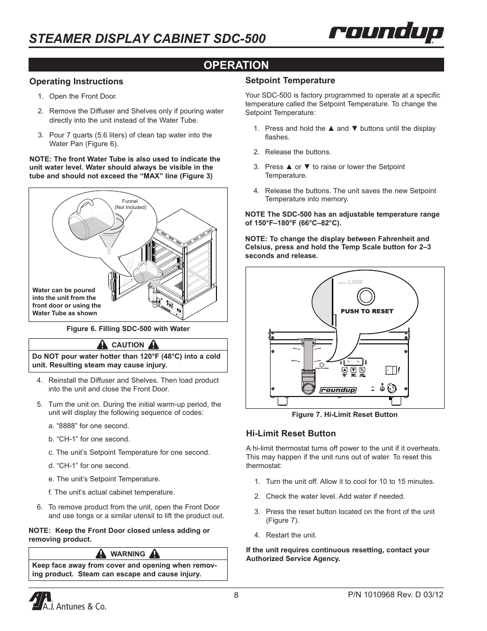 Steamer display cabinet sdc-500, Operation, A.j. antunes & co | Operating instructions, Hi-limit reset button, Setpoint temperature | A.J. Antunes & Co SDC-500 9100532 User Manual | Page 8 / 16