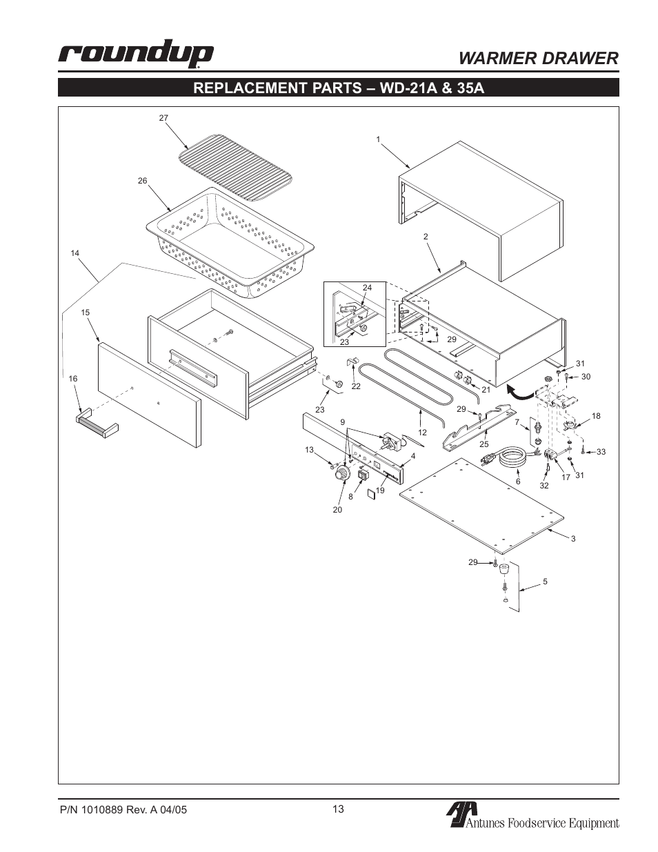 Warmer drawer, Replacement parts – wd-21a & 35a | A.J. Antunes & Co WD-35A 9400156 User Manual | Page 13 / 16