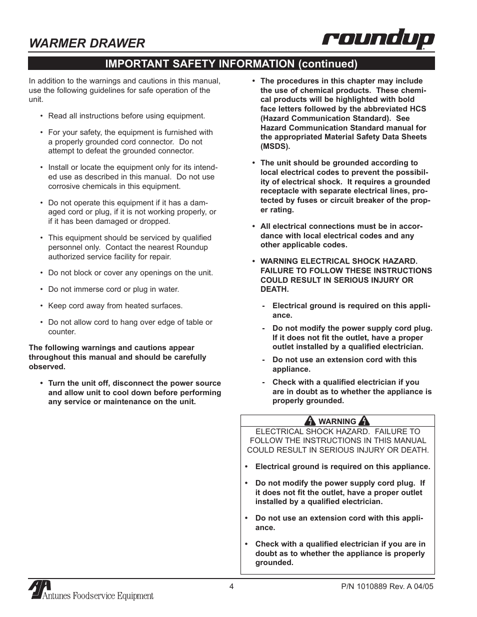 Warmer drawer, Important safety information (continued) | A.J. Antunes & Co WD-35A 9400156 User Manual | Page 4 / 16