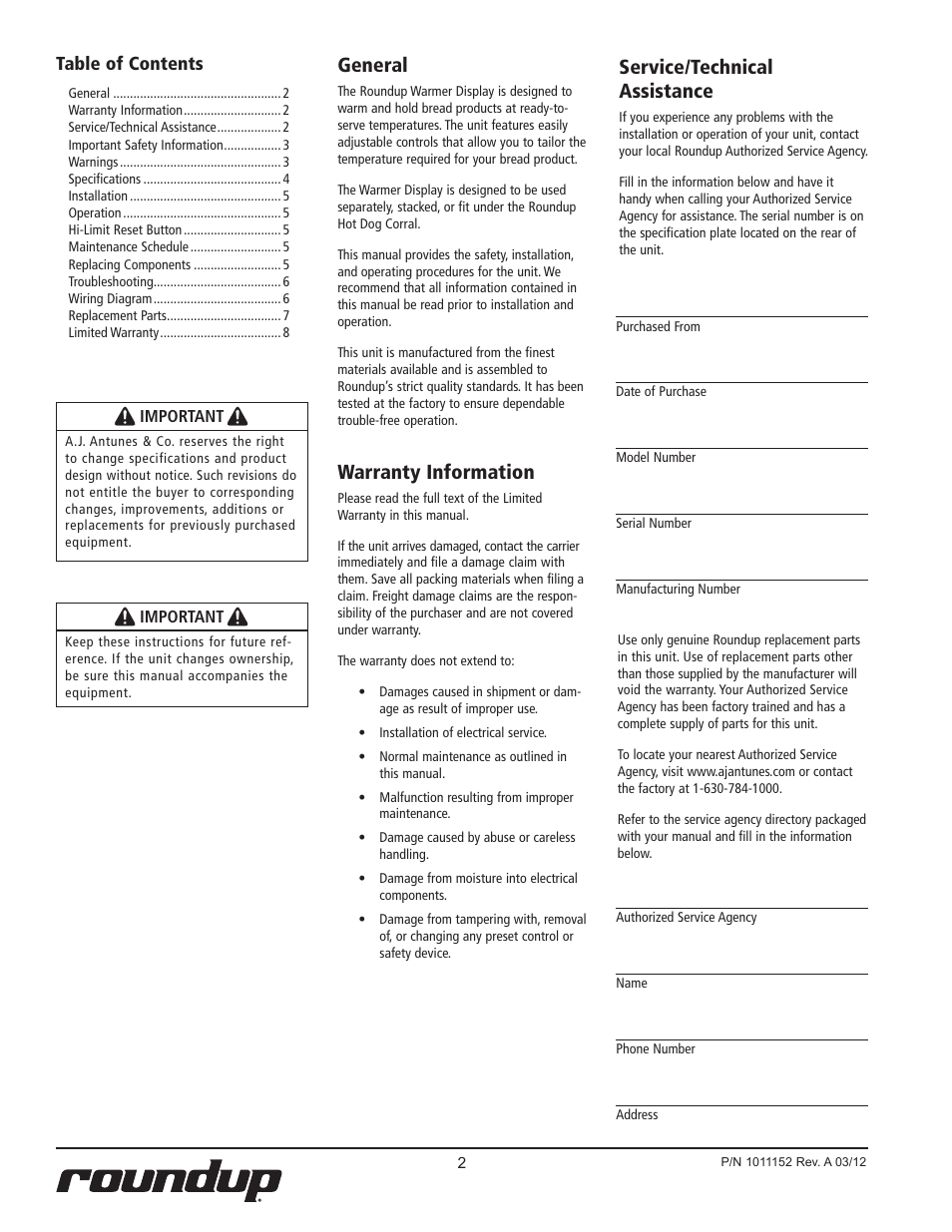 Service/technical assistance, General, Warranty information | A.J. Antunes & Co WD-20D 9400171 User Manual | Page 2 / 8