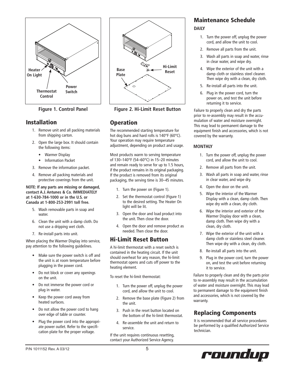 Installation, Operation, Hi-limit reset button | Maintenance schedule, Replacing components | A.J. Antunes & Co WD-20D 9400171 User Manual | Page 5 / 8