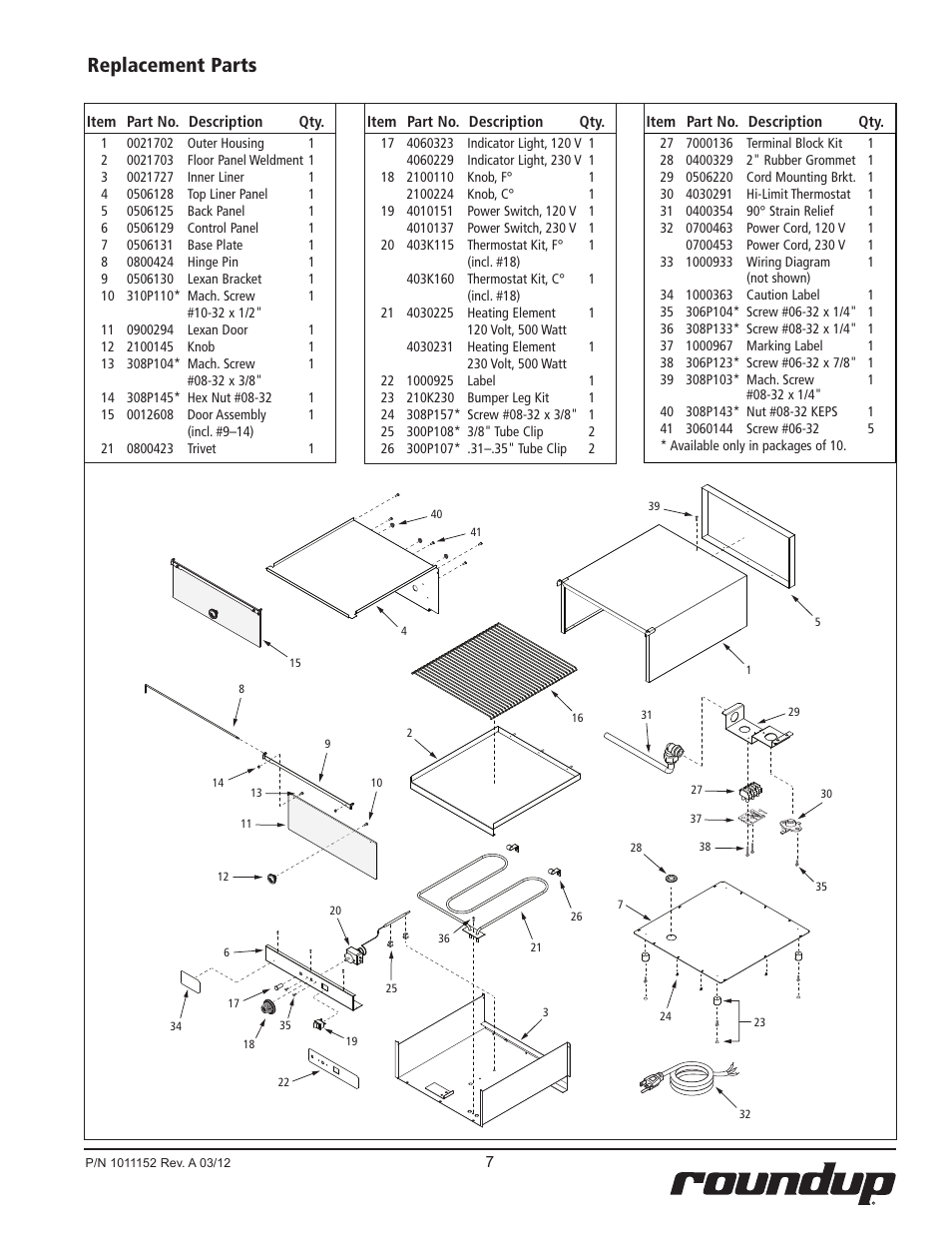 Replacement parts | A.J. Antunes & Co WD-20D 9400171 User Manual | Page 7 / 8