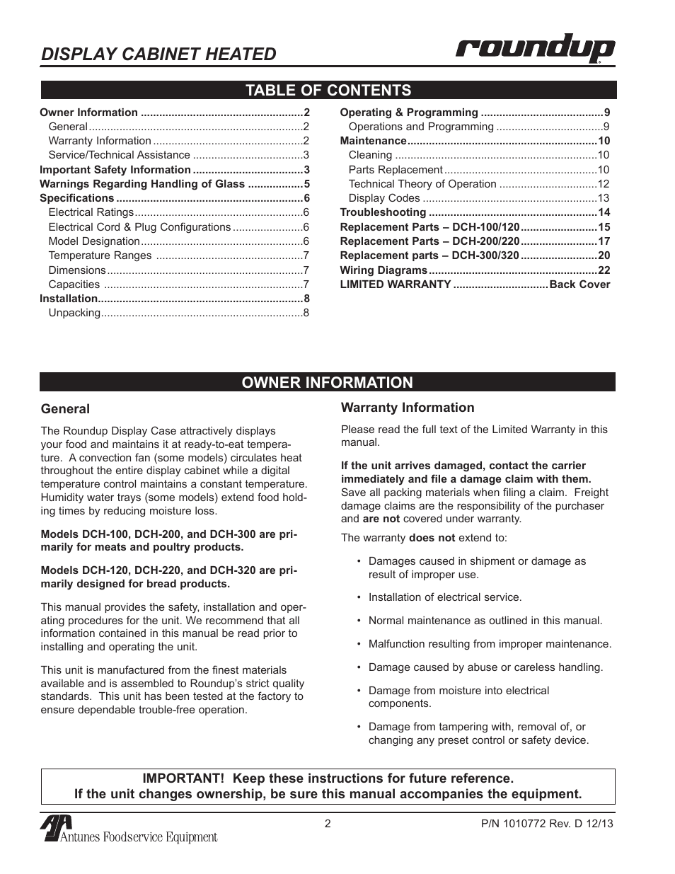 Display cabinet heated, Owner information table of contents | A.J. Antunes & Co DCH-320 9500550 User Manual | Page 2 / 24