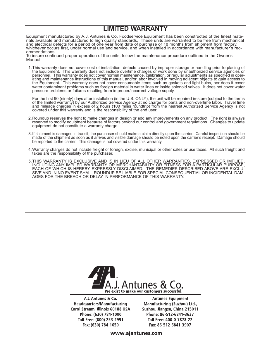 Limited warranty | A.J. Antunes & Co DCH-320 9500550 User Manual | Page 24 / 24