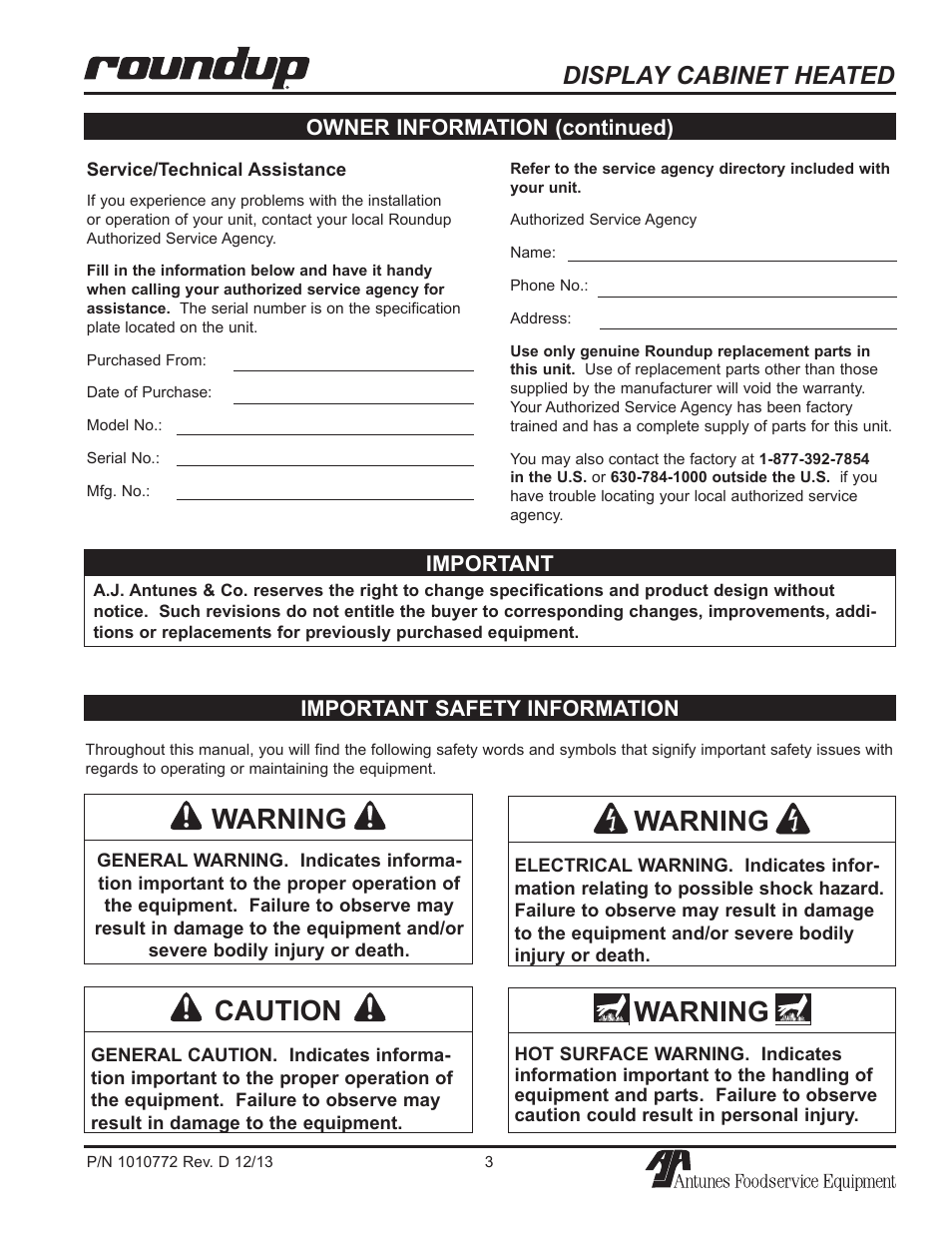 Warning, Caution, Display cabinet heated | Important safety information, Owner information (continued), Important | A.J. Antunes & Co DCH-320 9500550 User Manual | Page 3 / 24