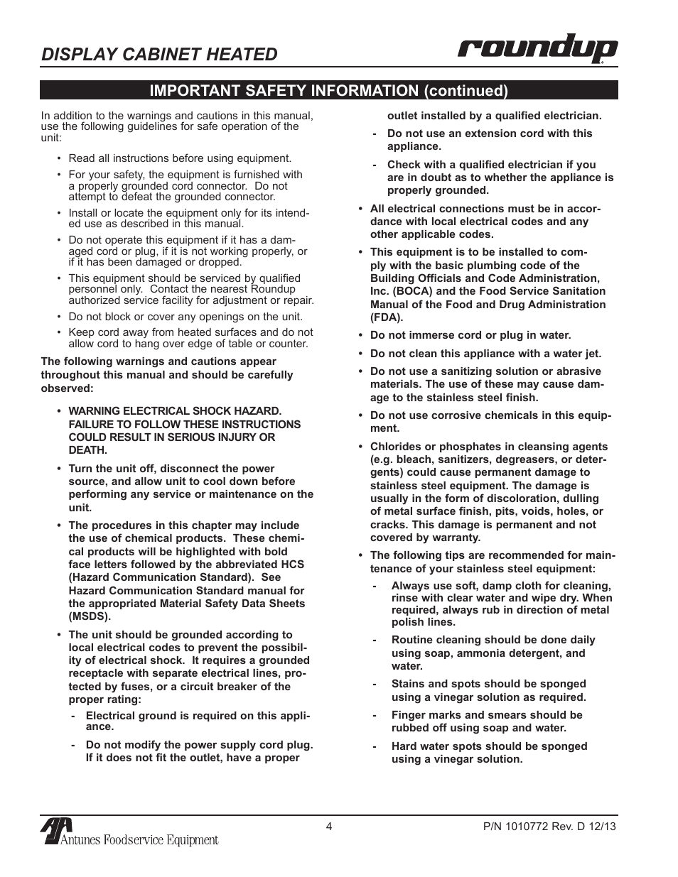 Display cabinet heated, Important safety information (continued) | A.J. Antunes & Co DCH-320 9500550 User Manual | Page 4 / 24