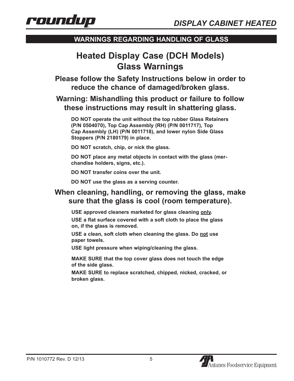 Heated display case (dch models) glass warnings, Display cabinet heated | A.J. Antunes & Co DCH-320 9500550 User Manual | Page 5 / 24