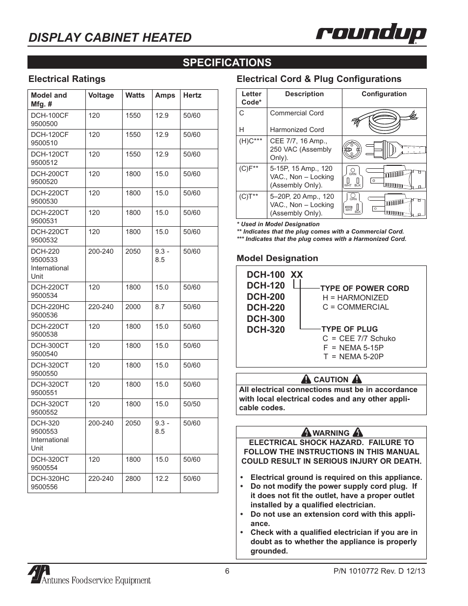 Display cabinet heated, Specifications, Electrical ratings | Electrical cord & plug configurations | A.J. Antunes & Co DCH-320 9500550 User Manual | Page 6 / 24
