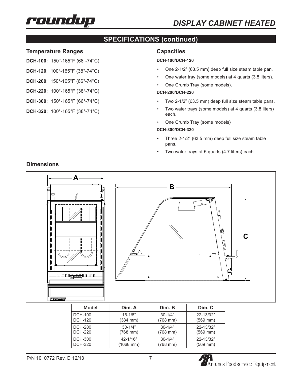 Display cabinet heated, Ab c, Specifications (continued) | A.J. Antunes & Co DCH-320 9500550 User Manual | Page 7 / 24
