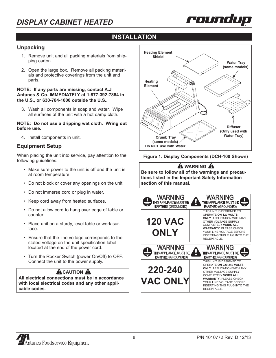120 vac only, 240 vac only, Display cabinet heated | Warning, Installation | A.J. Antunes & Co DCH-320 9500550 User Manual | Page 8 / 24