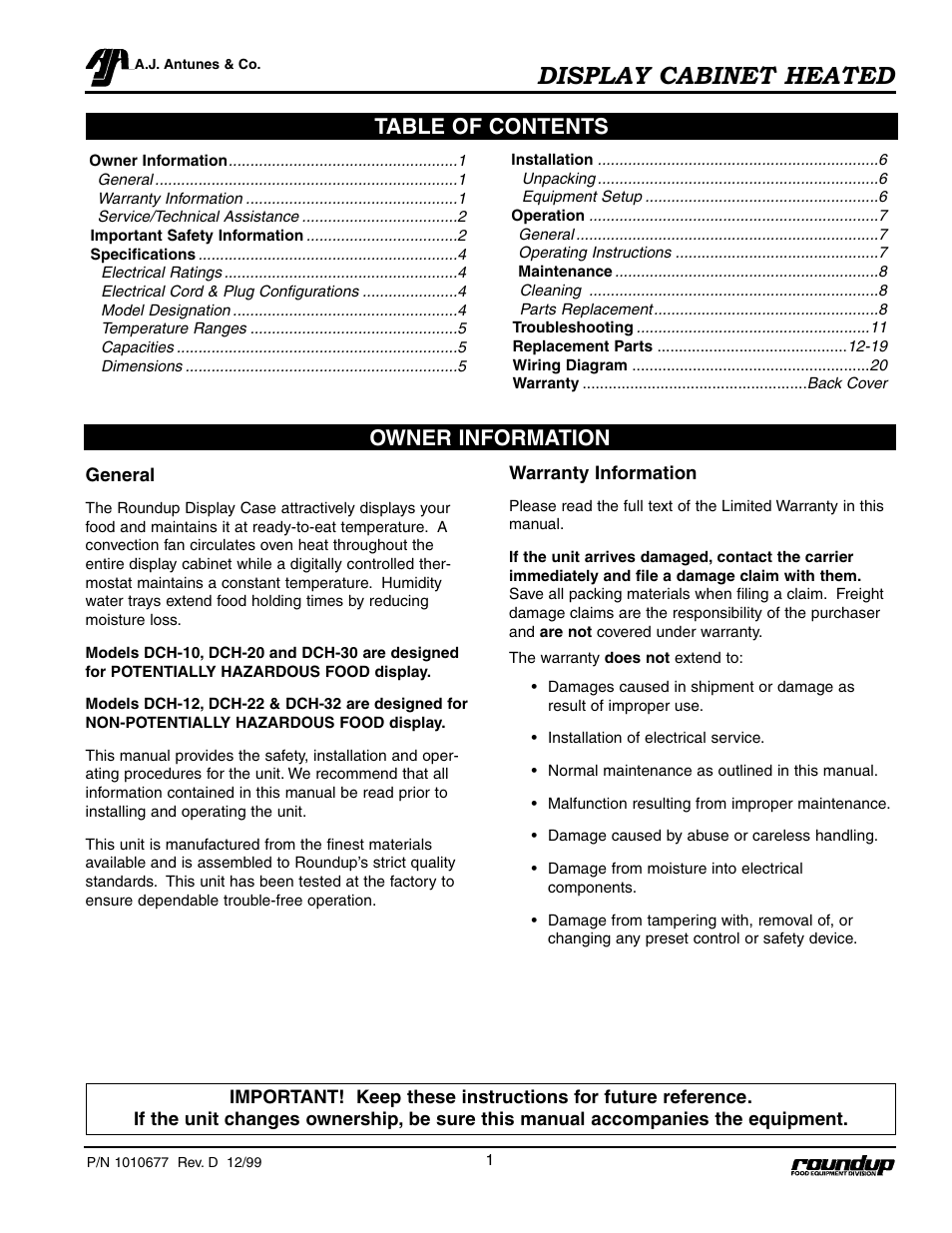 A.J. Antunes & Co DCH-22 9020485 User Manual | Page 2 / 22