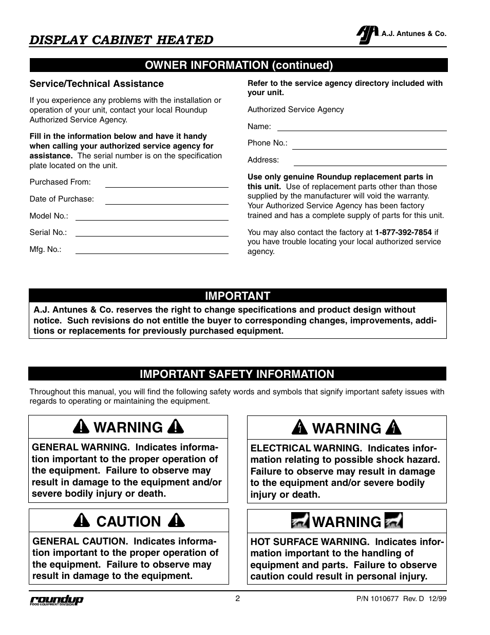Warning, Caution, Display cabinet heated | A.J. Antunes & Co DCH-22 9020485 User Manual | Page 3 / 22