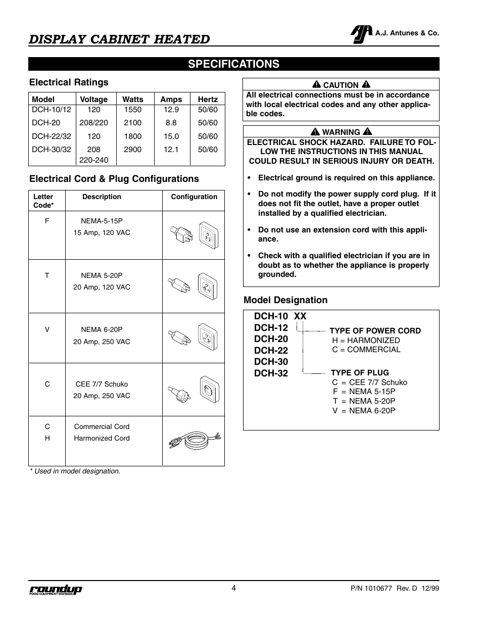 Display cabinet heated, Specifications | A.J. Antunes & Co DCH-22 9020485 User Manual | Page 5 / 22