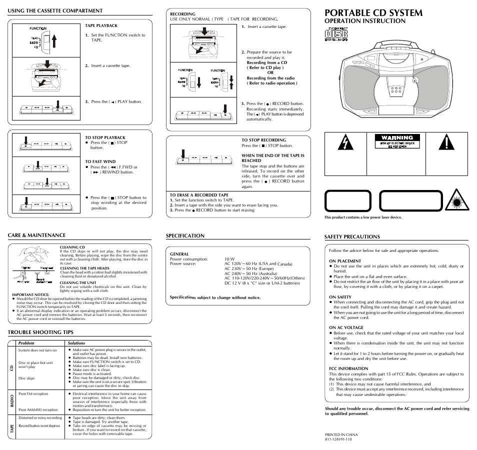 Audiovox Portable CD System User Manual | 2 pages