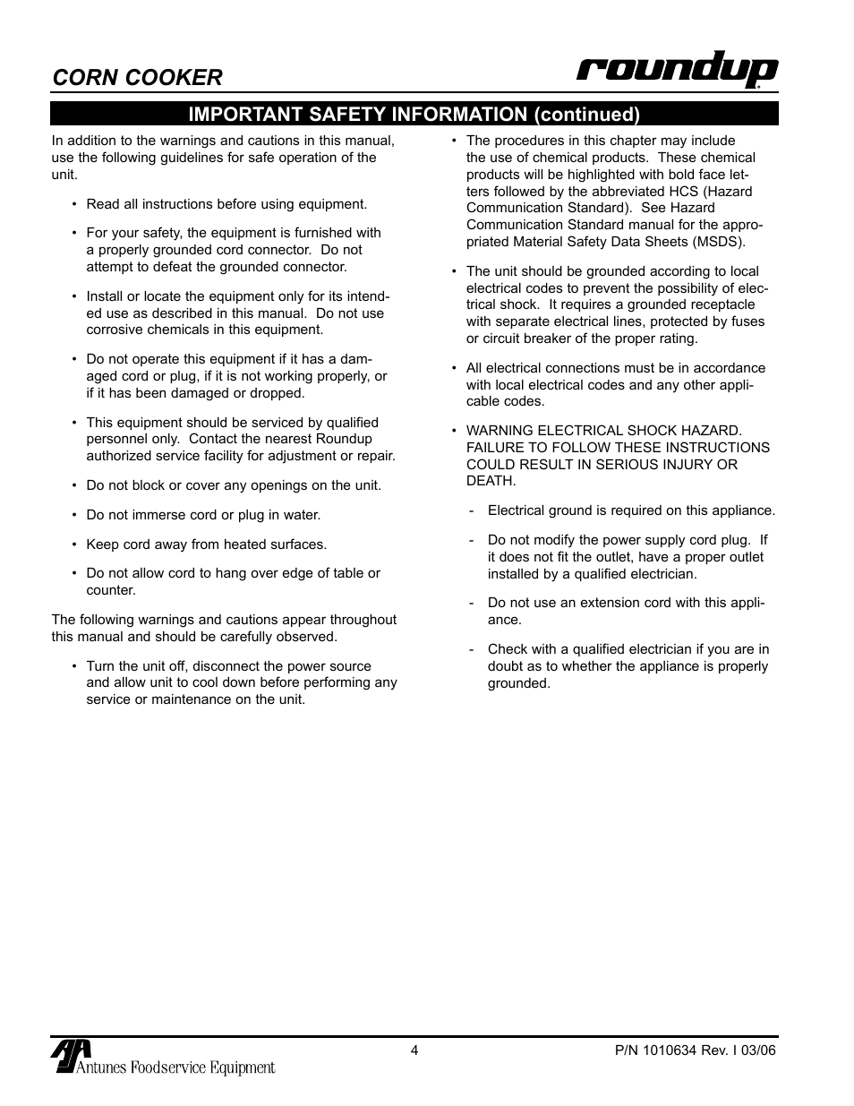 Corn cooker, Important safety information (continued) | A.J. Antunes & Co CCC-20 9600218 User Manual | Page 4 / 16