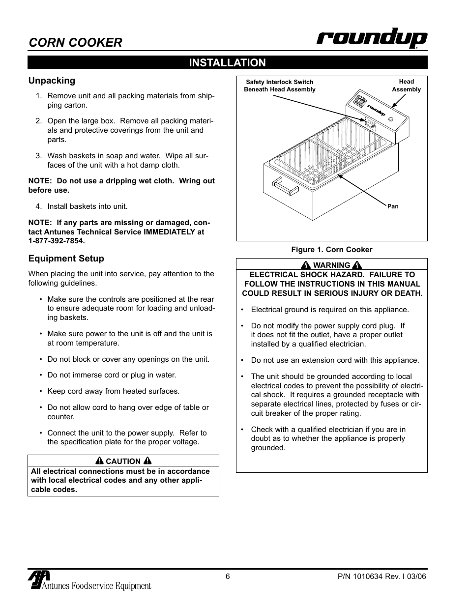 Installation, Unpacking, Equipment setup | Corn cooker | A.J. Antunes & Co CCC-20 9600218 User Manual | Page 6 / 16