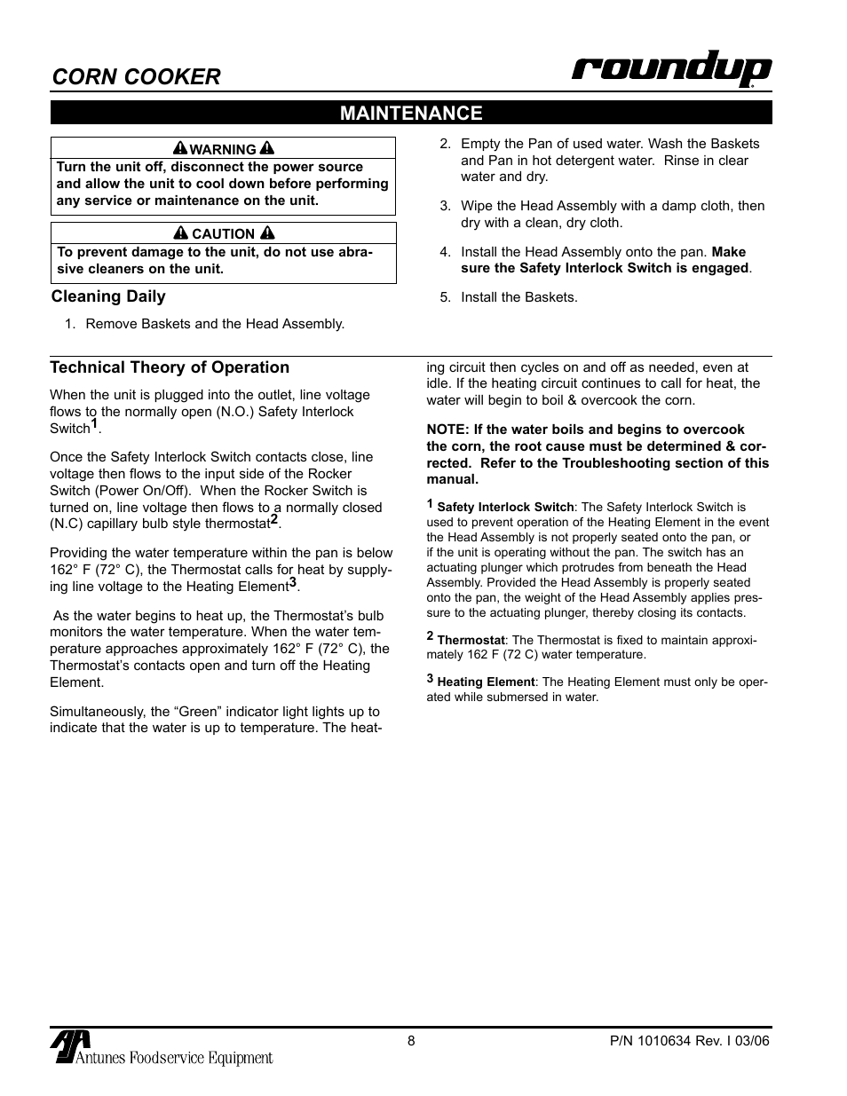 Technical theory of operation, Cleaning daily, Maintenance | Corn cooker | A.J. Antunes & Co CCC-20 9600218 User Manual | Page 8 / 16