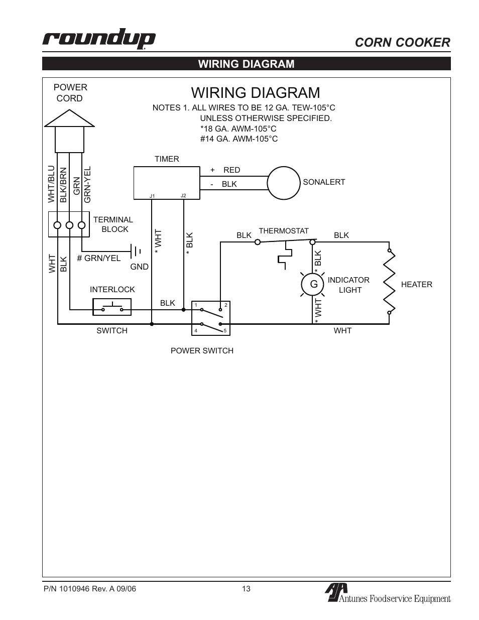 Wiring diagram, Corn cooker | A.J. Antunes & Co CCC-20T 9600220 User Manual | Page 13 / 16