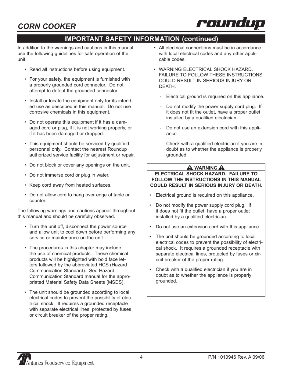 Corn cooker, Important safety information (continued) | A.J. Antunes & Co CCC-20T 9600220 User Manual | Page 4 / 16