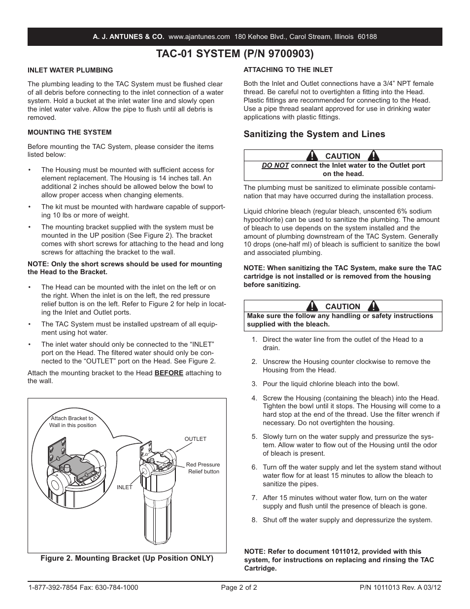 Sanitizing the system and lines | A.J. Antunes & Co TAC-01 9700903 User Manual | Page 2 / 2