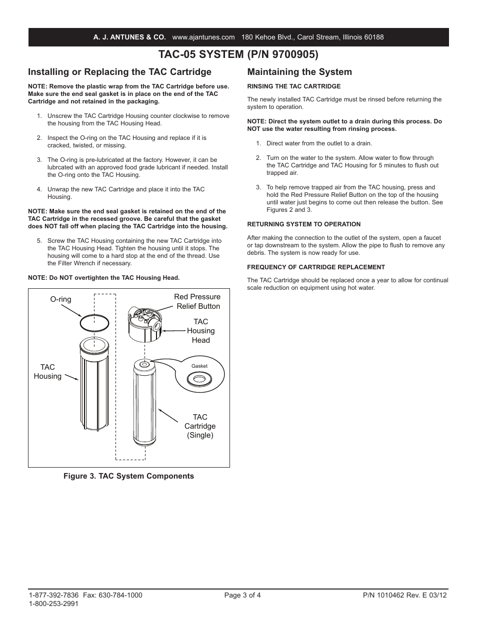 Installing or replacing the tac cartridge, Maintaining the system | A.J. Antunes & Co TAC-05 9700905 User Manual | Page 3 / 4