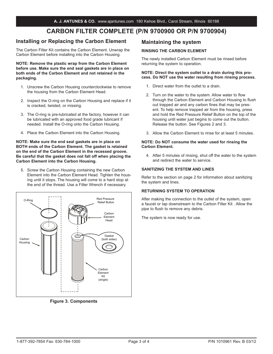 Installing or replacing the carbon element, Maintaining the system | A.J. Antunes & Co C-420 9700904 User Manual | Page 3 / 4
