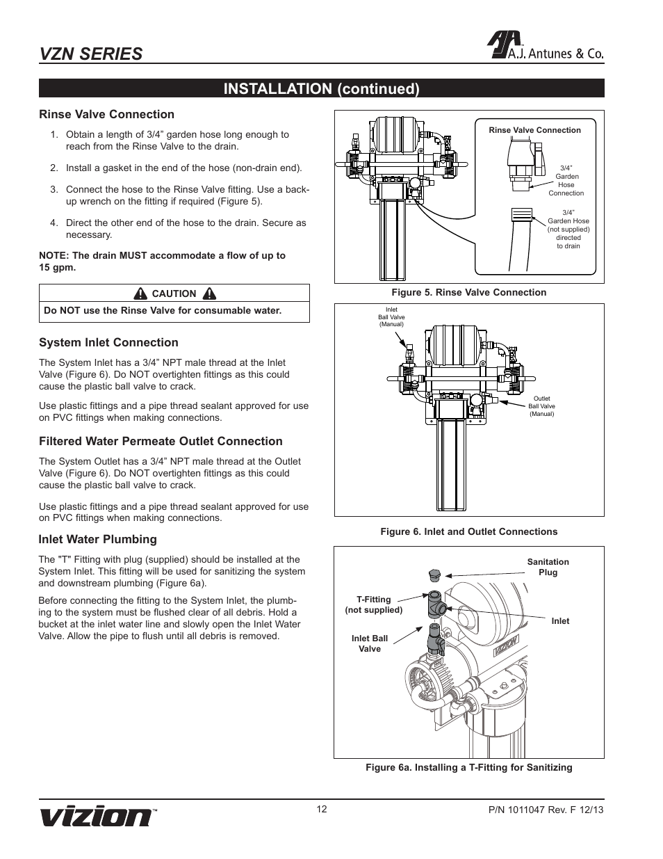 Vzn series, Installation (continued), Rinse valve connection | System inlet connection, Filtered water permeate outlet connection, Inlet water plumbing | A.J. Antunes & Co VZN-441H 9700740 User Manual | Page 12 / 24