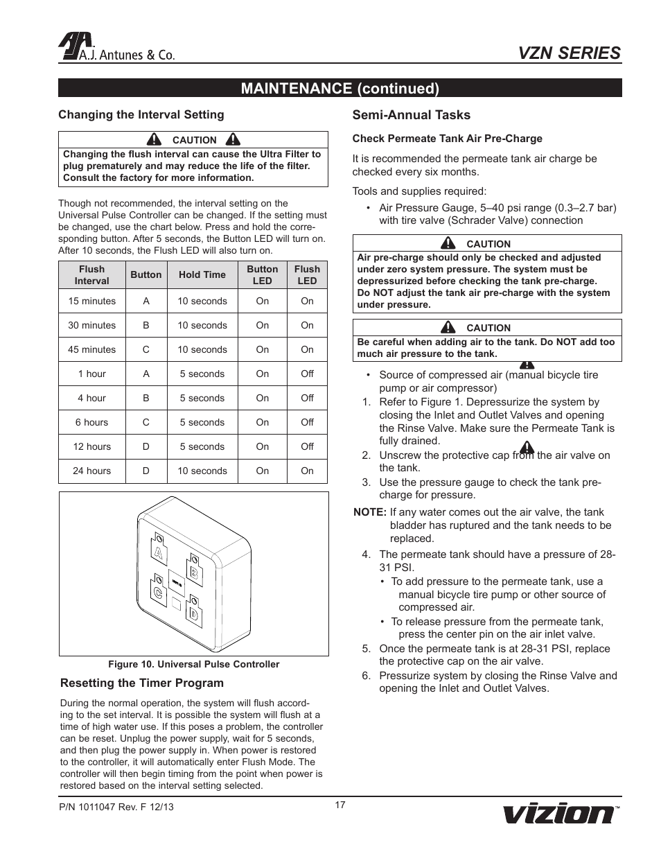 Vzn series, Maintenance (continued), Semi-annual tasks | A.J. Antunes & Co VZN-441H 9700740 User Manual | Page 17 / 24