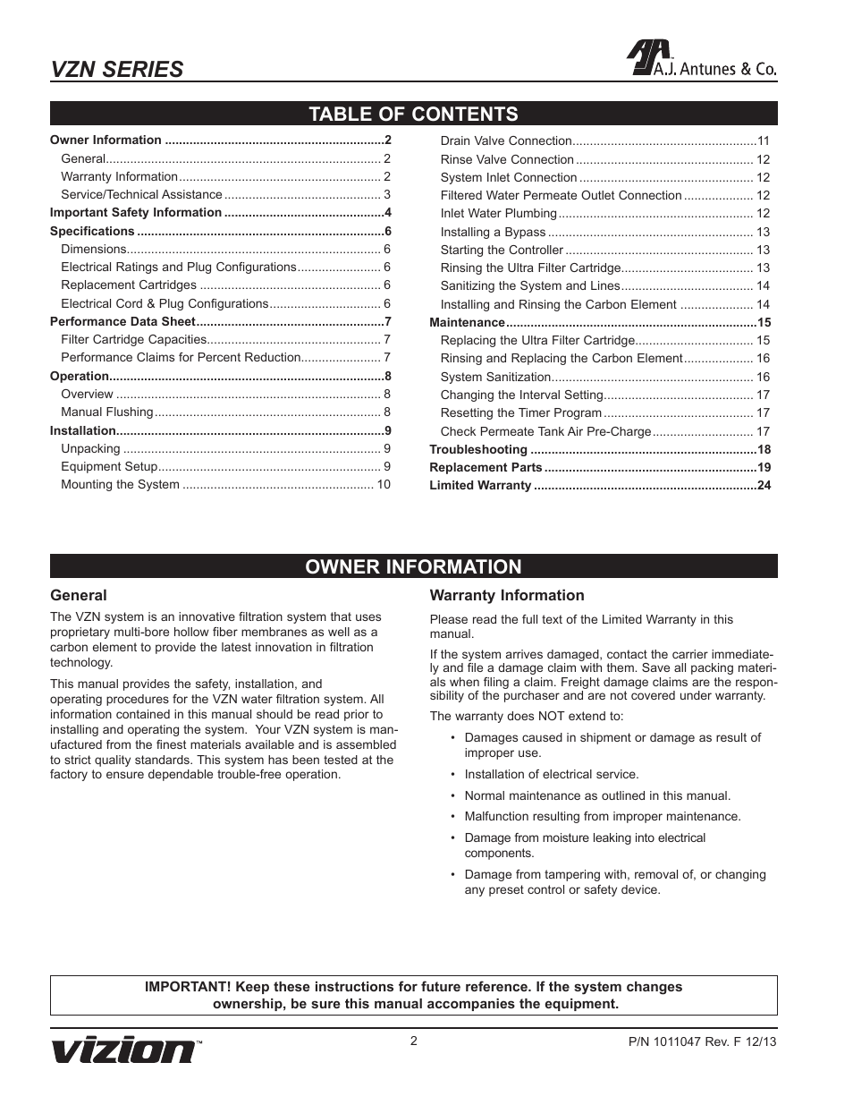 Vzn series, Owner information table of contents | A.J. Antunes & Co VZN-441H 9700740 User Manual | Page 2 / 24