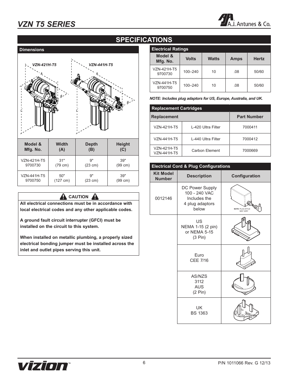 Vzn t5 series, Specifications | A.J. Antunes & Co VZN-441H-T5 9700750 User Manual | Page 6 / 24