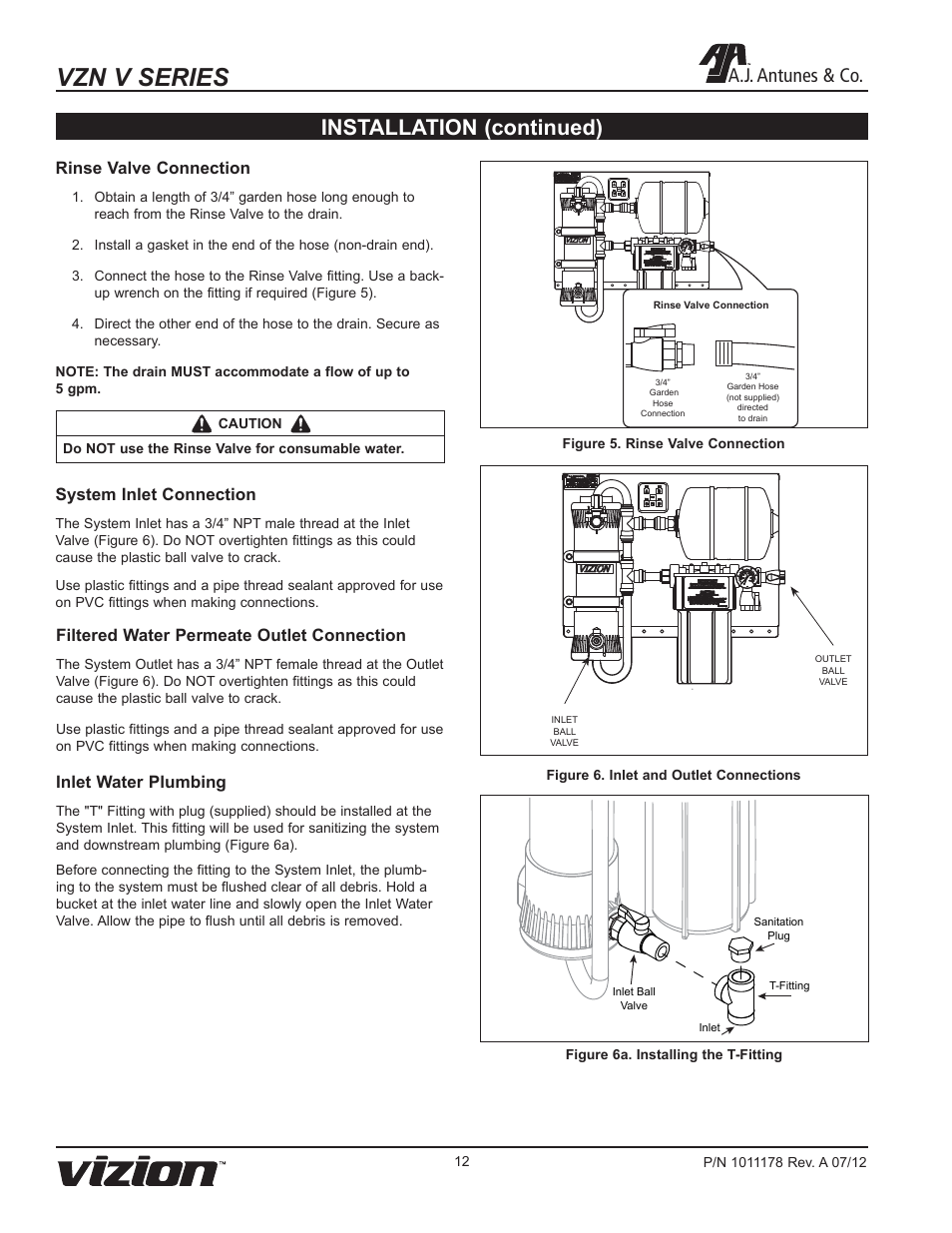 Vzn v series, Installation (continued), A.j. antunes & co | Rinse valve connection, System inlet connection, Inlet water plumbing, Filtered water permeate outlet connection | A.J. Antunes & Co VZN-411V 9700715 User Manual | Page 12 / 24