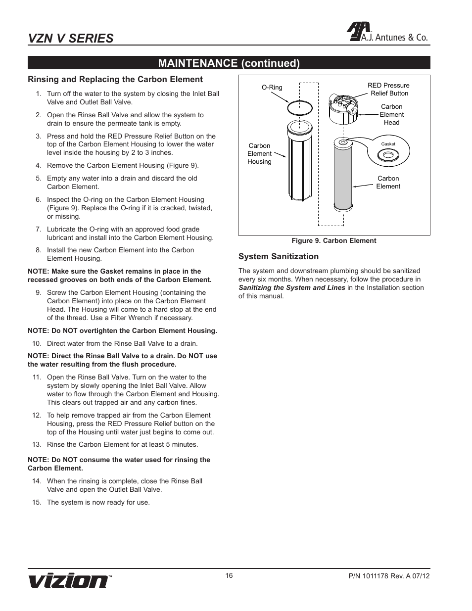 Vzn v series, Maintenance (continued), A.j. antunes & co | A.J. Antunes & Co VZN-411V 9700715 User Manual | Page 16 / 24