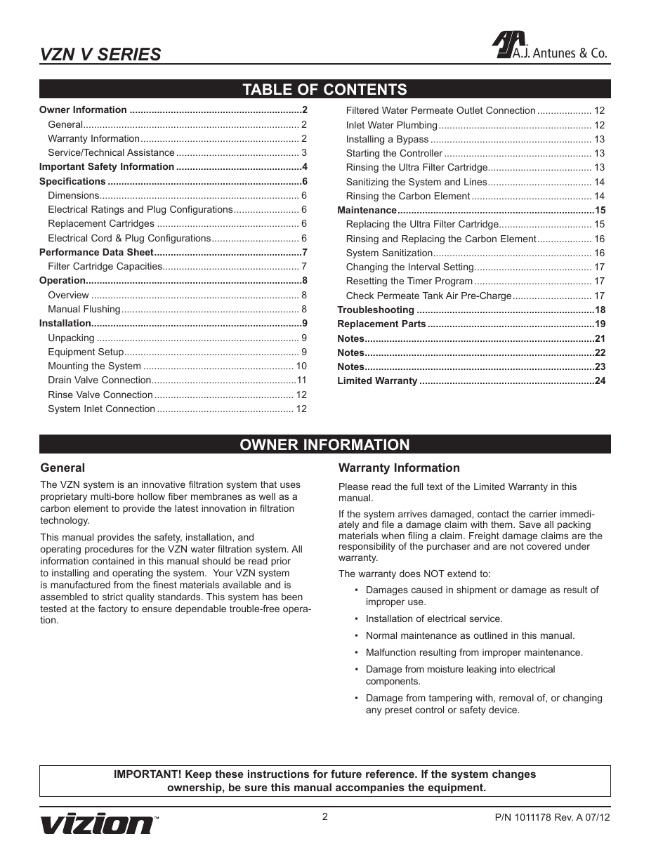 Vzn v series, Owner information table of contents, A.j. antunes & co | A.J. Antunes & Co VZN-411V 9700715 User Manual | Page 2 / 24