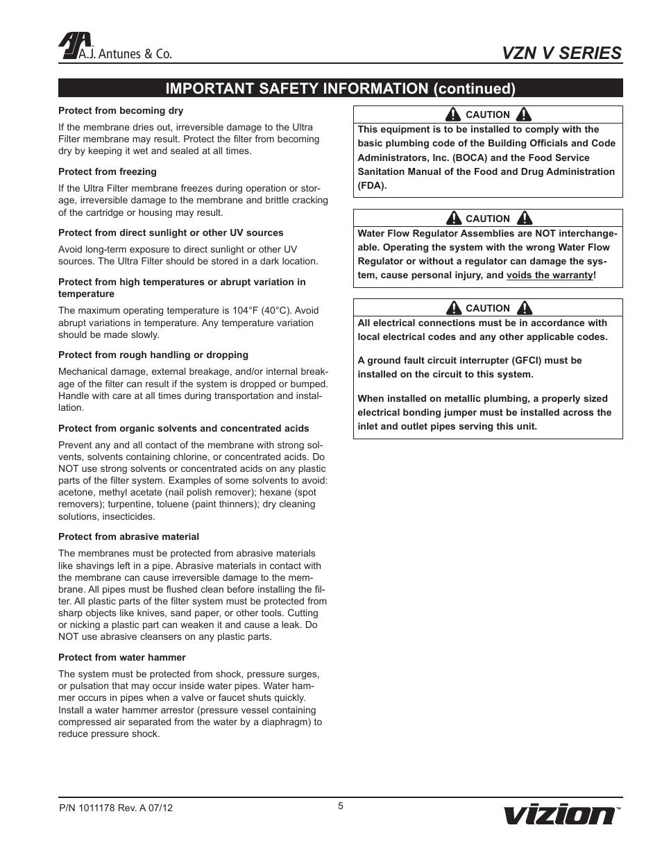 Vzn v series, Important safety information (continued), A.j. antunes & co | A.J. Antunes & Co VZN-411V 9700715 User Manual | Page 5 / 24