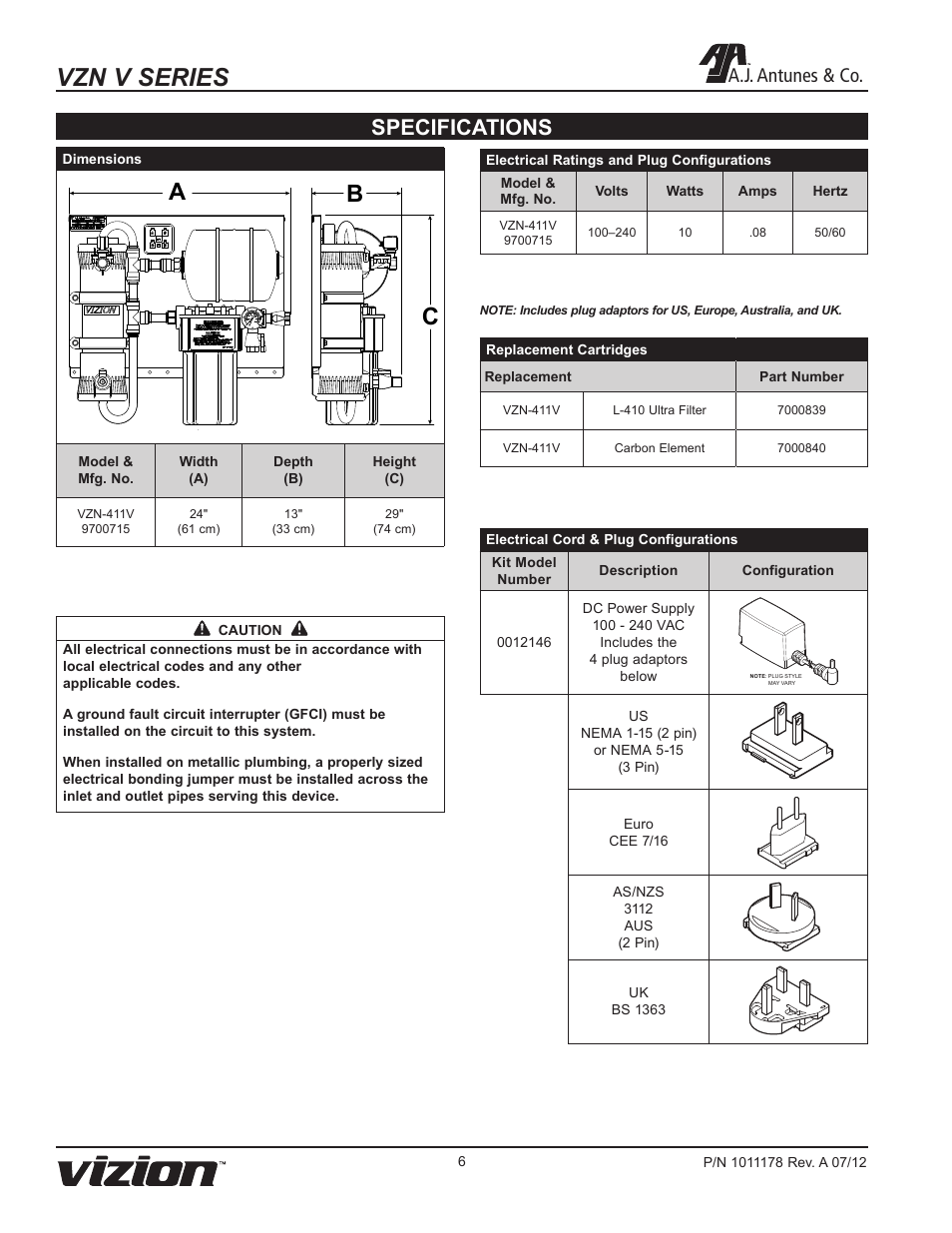 Vzn v series, Ba c, Specifications | A.j. antunes & co | A.J. Antunes & Co VZN-411V 9700715 User Manual | Page 6 / 24