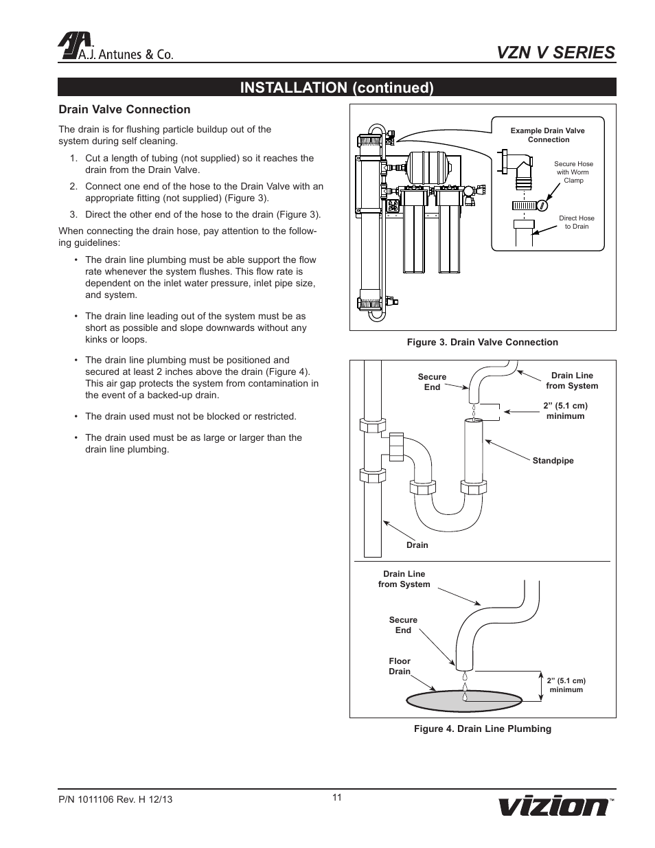 Vzn v series, Installation (continued), Drain valve connection | A.J. Antunes & Co VZN-441V-T5 9700752 User Manual | Page 11 / 24