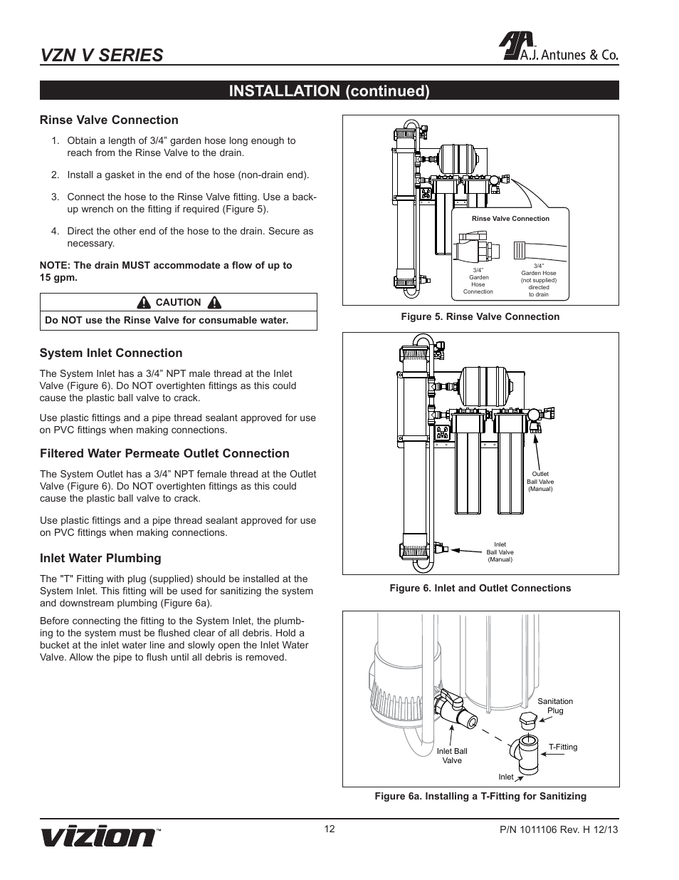 Vzn v series, Installation (continued), Rinse valve connection | System inlet connection, Inlet water plumbing, Filtered water permeate outlet connection | A.J. Antunes & Co VZN-441V-T5 9700752 User Manual | Page 12 / 24