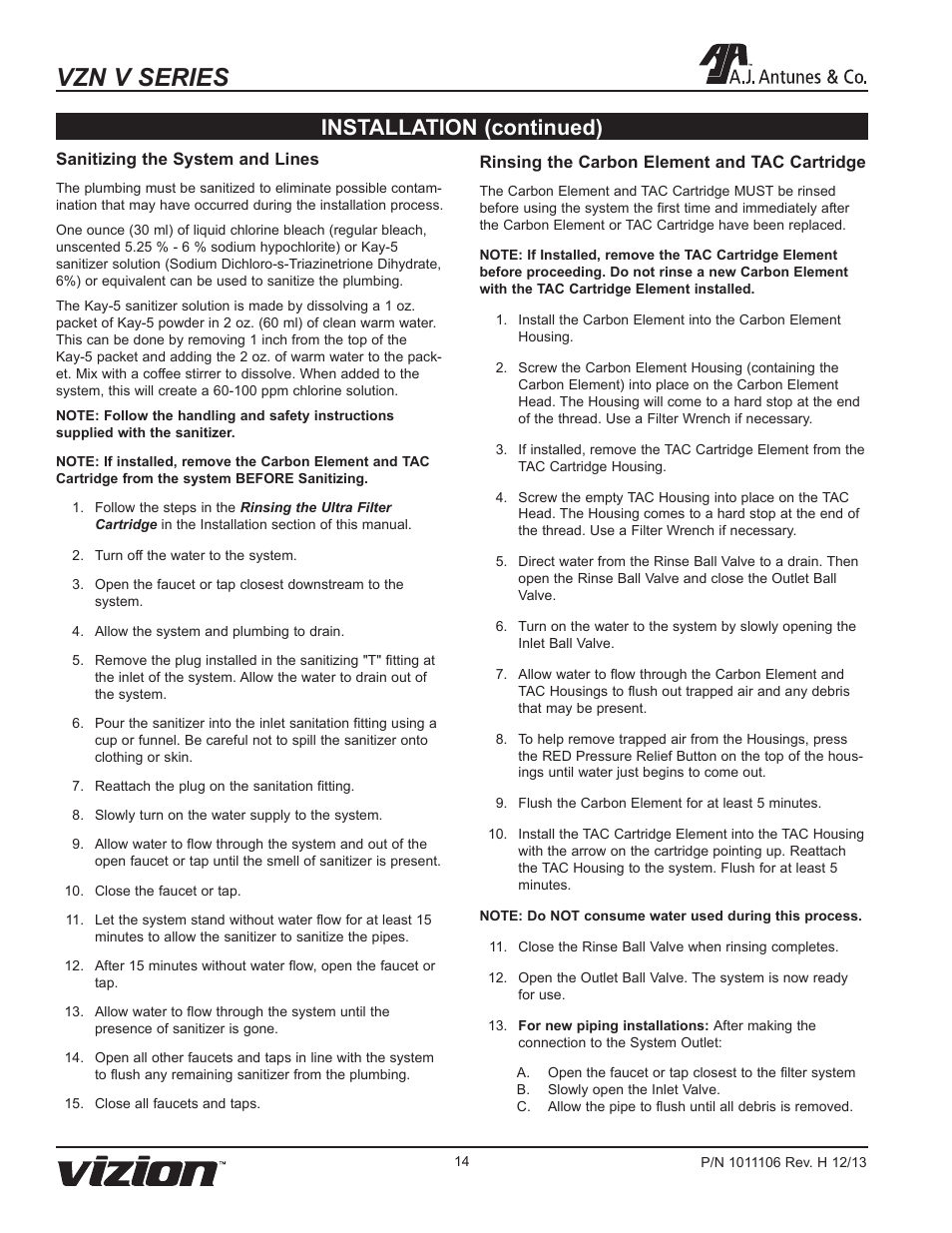 Vzn v series, Installation (continued) | A.J. Antunes & Co VZN-441V-T5 9700752 User Manual | Page 14 / 24