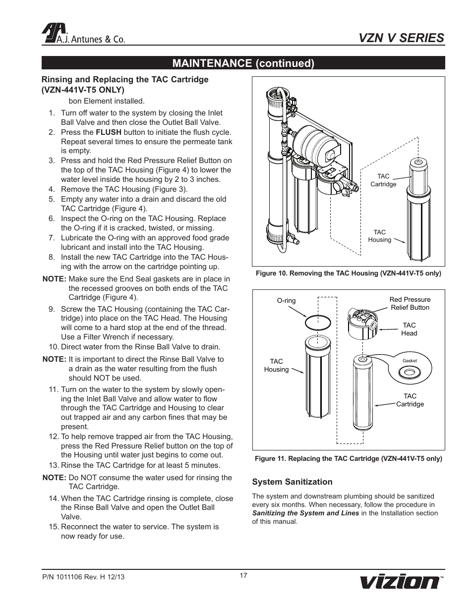 Vzn v series, Maintenance (continued) | A.J. Antunes & Co VZN-441V-T5 9700752 User Manual | Page 17 / 24