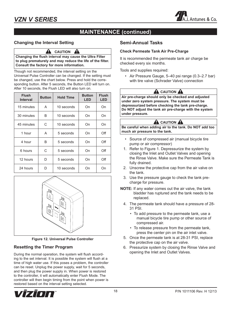 Vzn v series, Maintenance (continued), Semi-annual tasks | A.J. Antunes & Co VZN-441V-T5 9700752 User Manual | Page 18 / 24