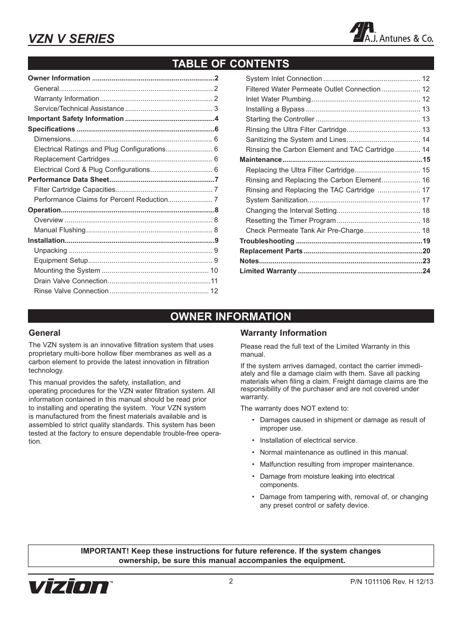 Vzn v series, Owner information table of contents | A.J. Antunes & Co VZN-441V-T5 9700752 User Manual | Page 2 / 24