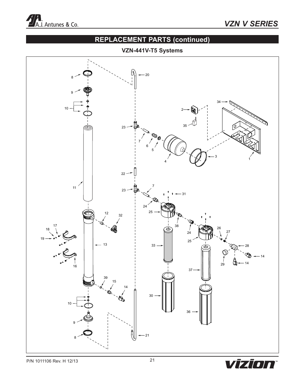 Vzn v series, Replacement parts (continued), Vzn-441v-t5 systems | A.J. Antunes & Co VZN-441V-T5 9700752 User Manual | Page 21 / 24