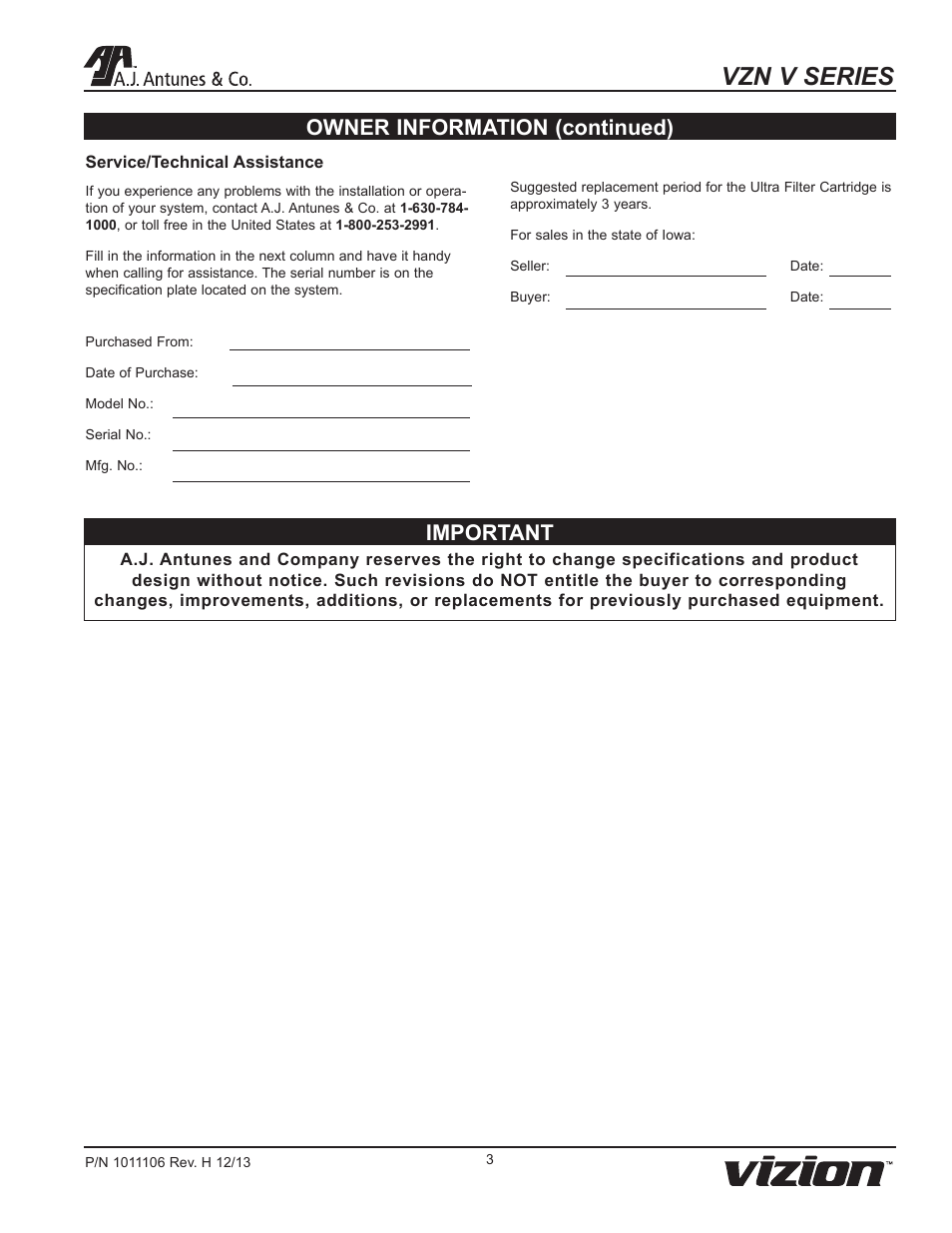 Vzn v series, Owner information (continued) important | A.J. Antunes & Co VZN-441V-T5 9700752 User Manual | Page 3 / 24