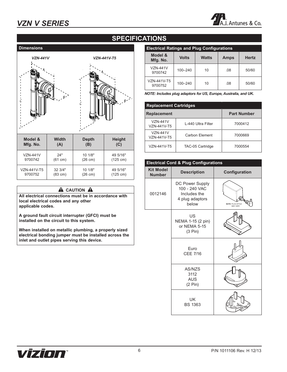 Vzn v series, Specifications | A.J. Antunes & Co VZN-441V-T5 9700752 User Manual | Page 6 / 24