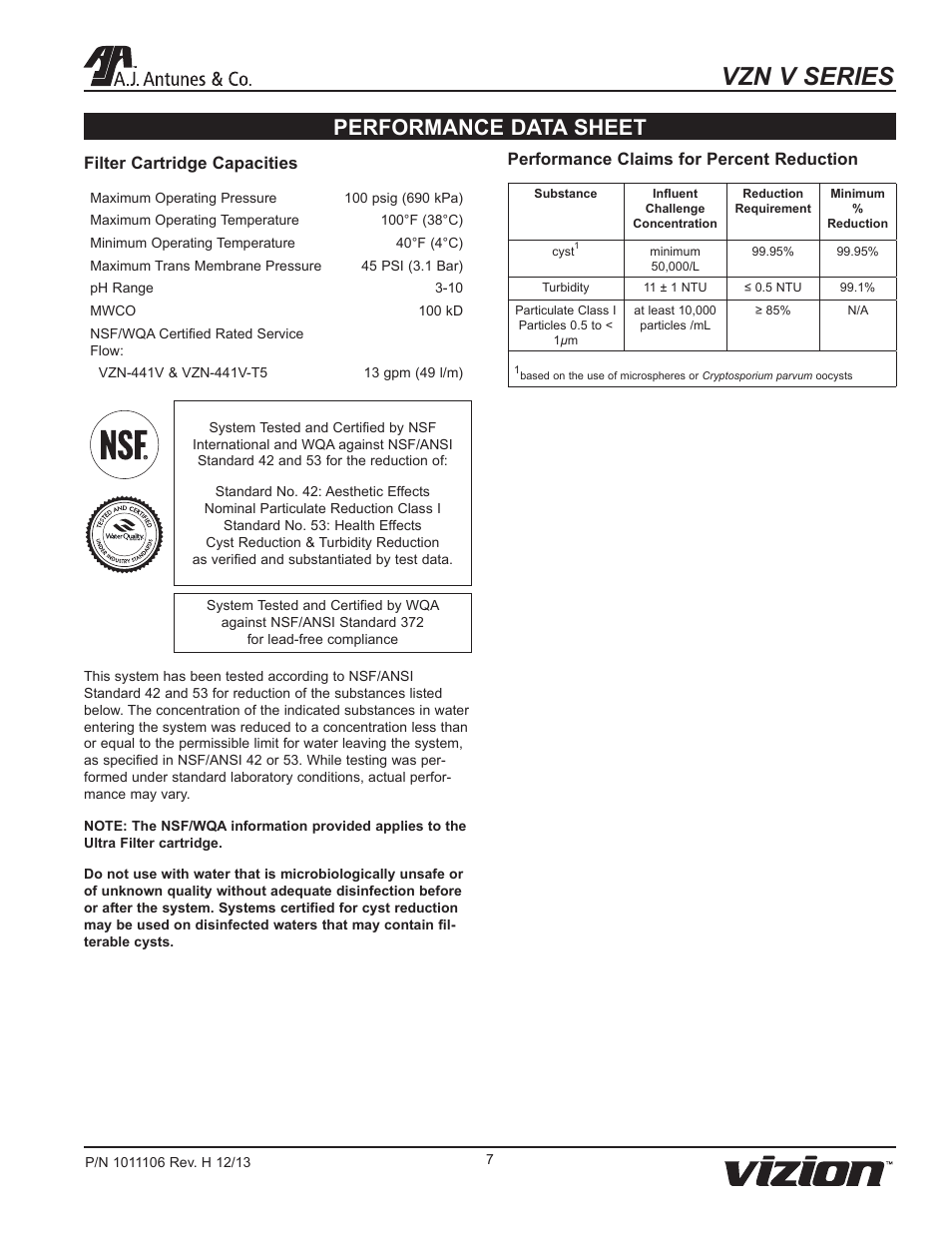 Vzn v series, Performance data sheet, Performance claims for percent reduction | Filter cartridge capacities | A.J. Antunes & Co VZN-441V-T5 9700752 User Manual | Page 7 / 24