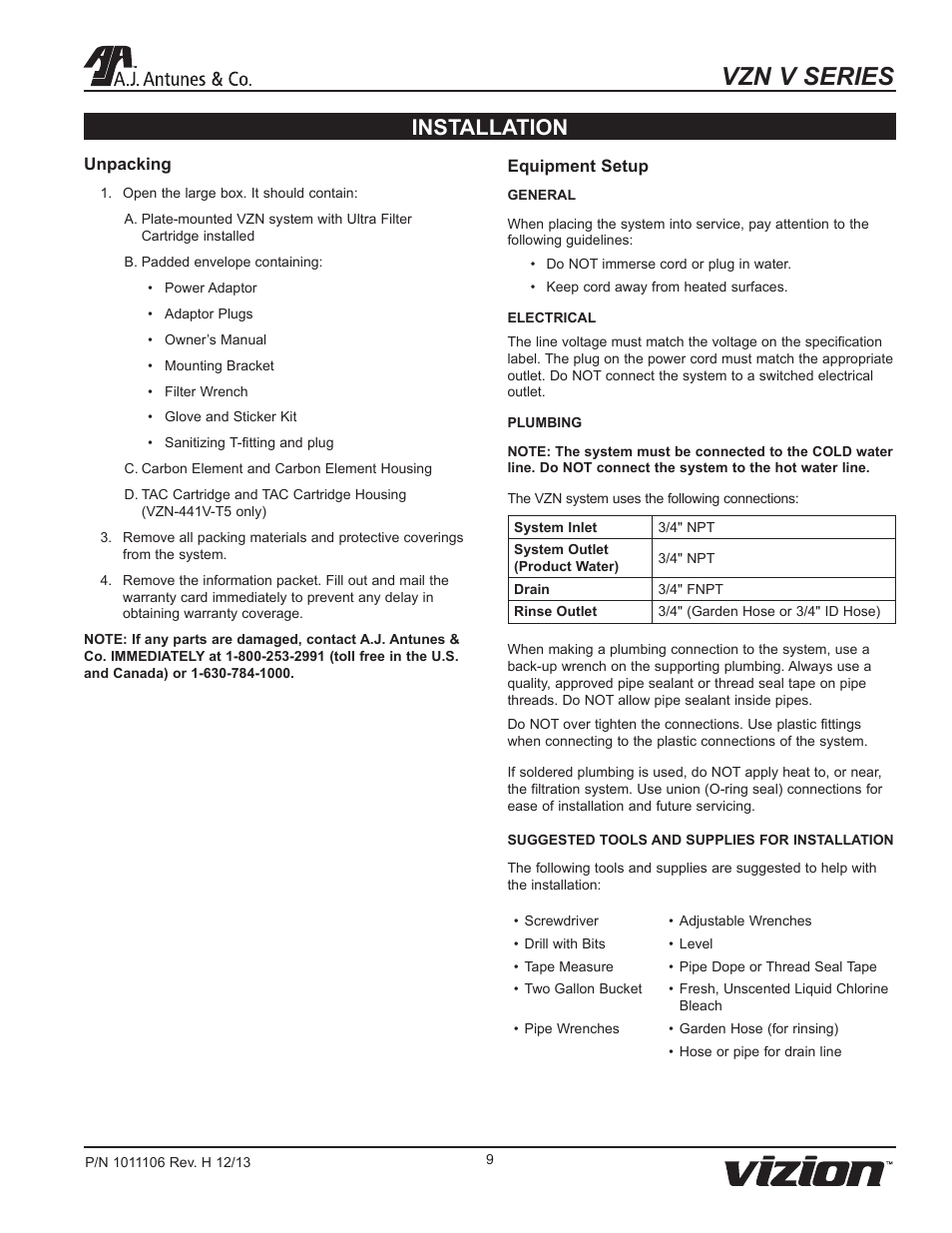 Vzn v series, Installation | A.J. Antunes & Co VZN-441V-T5 9700752 User Manual | Page 9 / 24