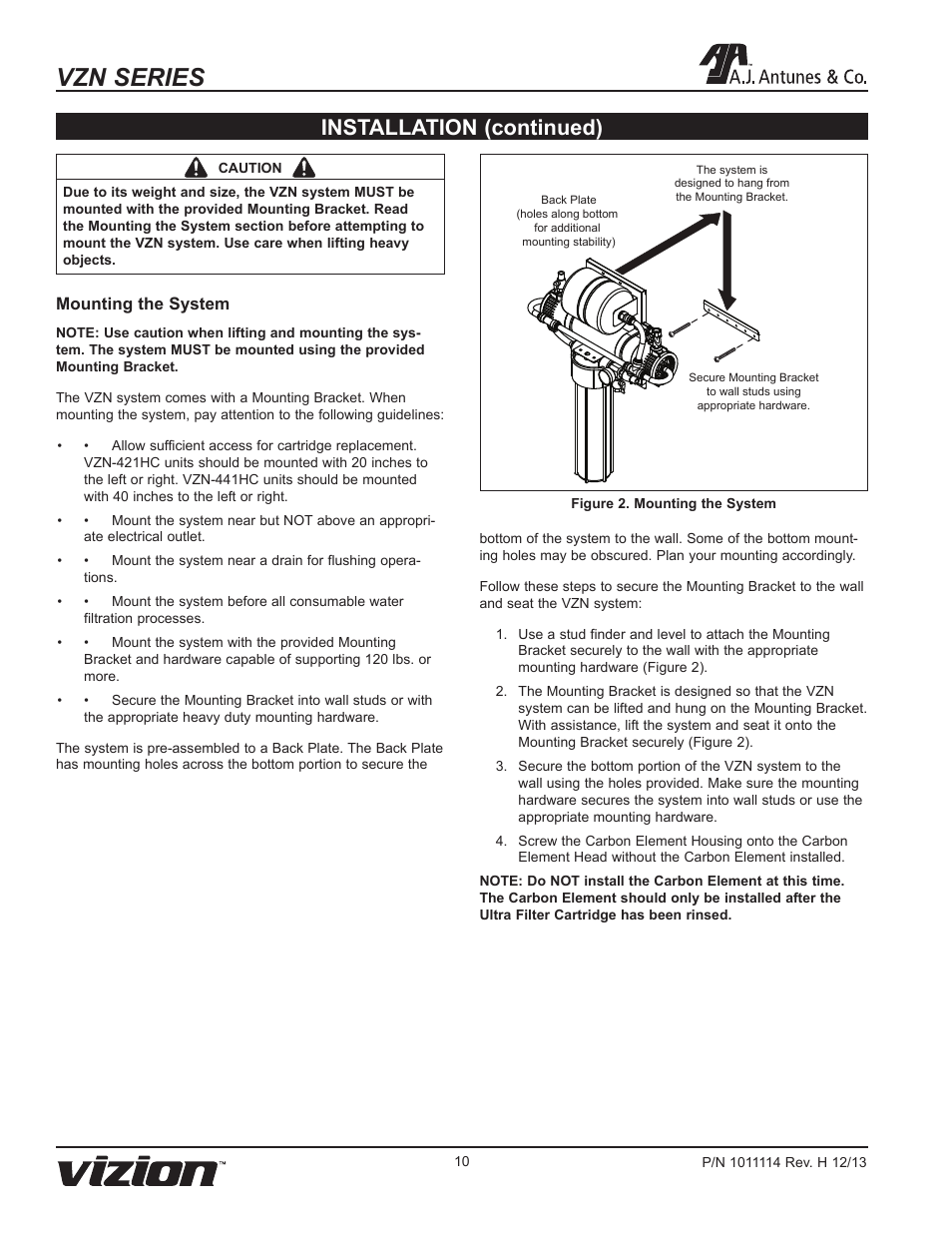 Vzn series, Installation (continued) | A.J. Antunes & Co VZN-441HC 9700772 User Manual | Page 10 / 24