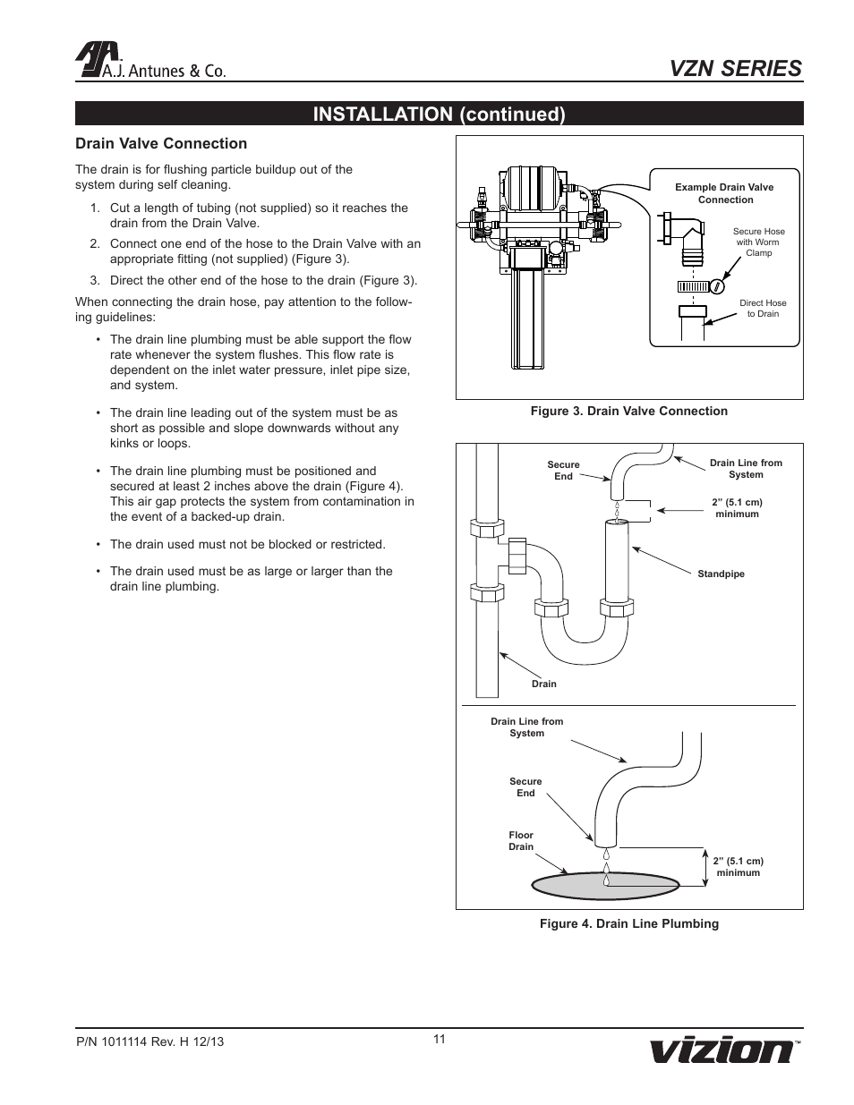 Vzn series, Installation (continued), Drain valve connection | A.J. Antunes & Co VZN-441HC 9700772 User Manual | Page 11 / 24
