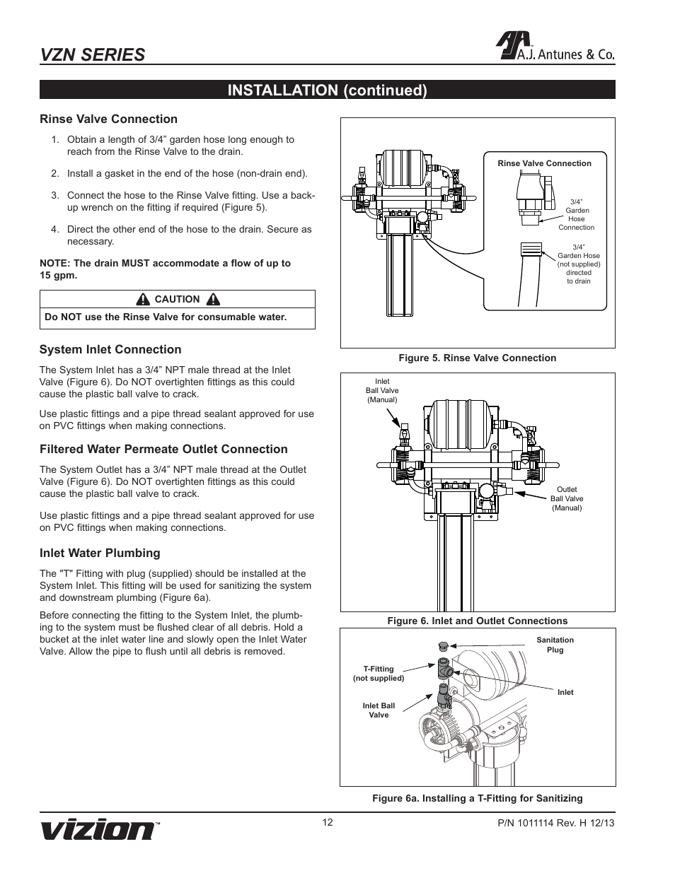 Vzn series, Installation (continued), Rinse valve connection | System inlet connection, Inlet water plumbing, Filtered water permeate outlet connection | A.J. Antunes & Co VZN-441HC 9700772 User Manual | Page 12 / 24