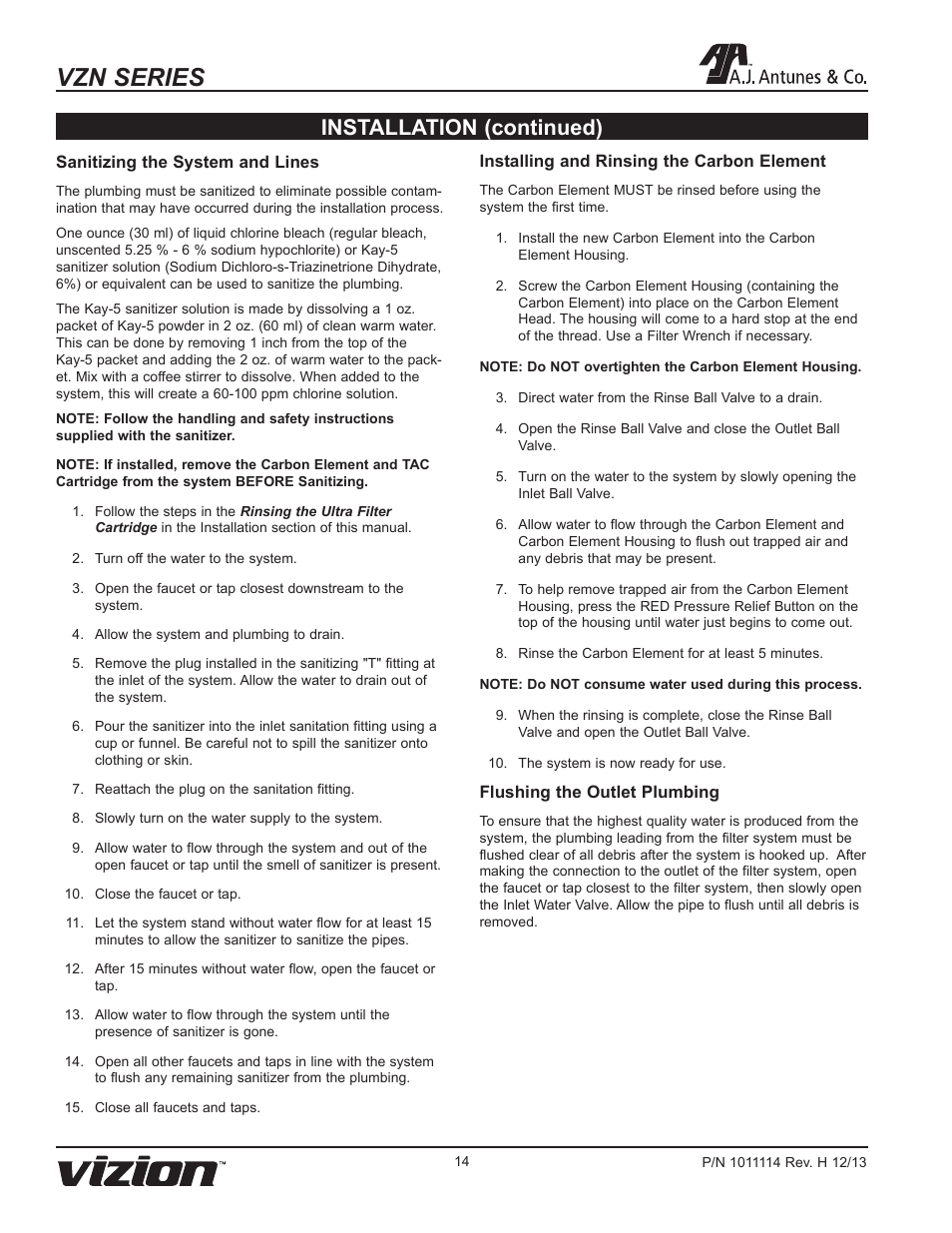 Vzn series, Installation (continued) | A.J. Antunes & Co VZN-441HC 9700772 User Manual | Page 14 / 24